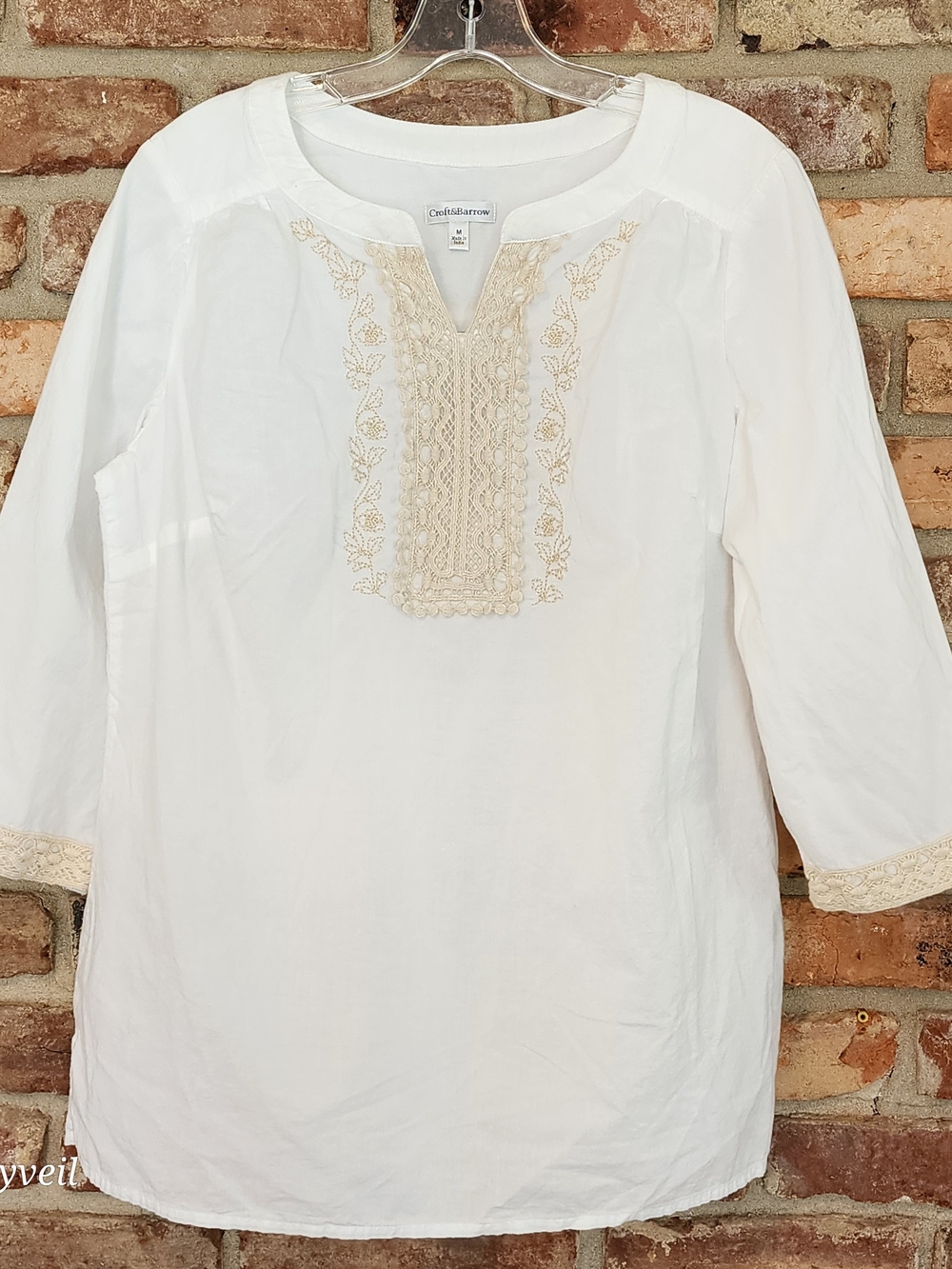 Croft & Barrow White Tunic with Beige Embroidered Yoke